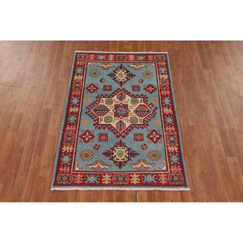 Geometric Blue Kazak Oriental Accent Rug Handmade Wool Carpet - 3'6" x 5'0"
