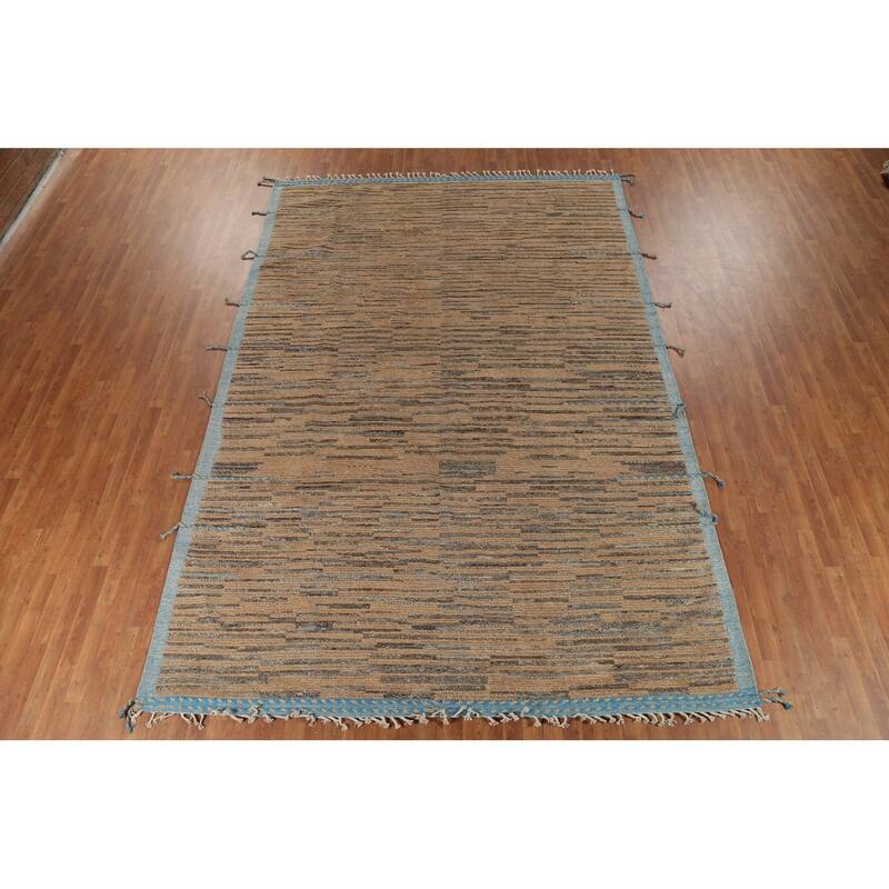 Brown Striped Moroccan Modern Area Rug Hand-Knotted Wool Carpet - 8'9"x 13'0"