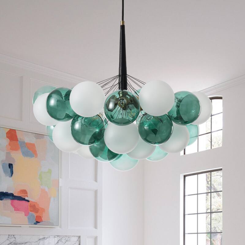 Mid - Century Modern Glass Globe Chandelier, Adjustable Height, E26 Base, 5 - Light Cluster Pendant Light for Dining Room - Matte Black