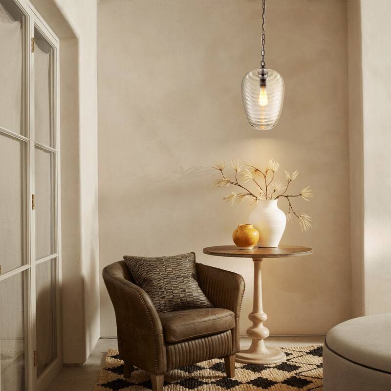 1-Light Modern Brushed Gold/Black Ribbed Clear Glass Dome Pendant Light with Adjustable Hanging Chain