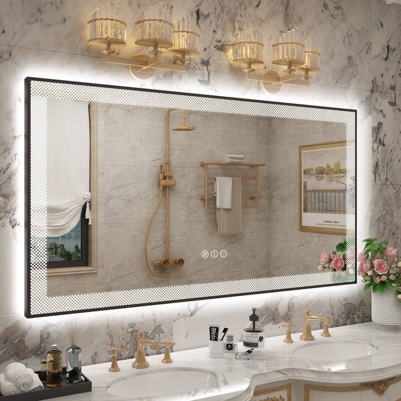 KIOTEE Metal Frame Frontlit & Backlit Anti-Fog Tempered Glass Bathroom Vanity Mirror Wall Mirror with ETL and 3-Year Warranty - 55x30