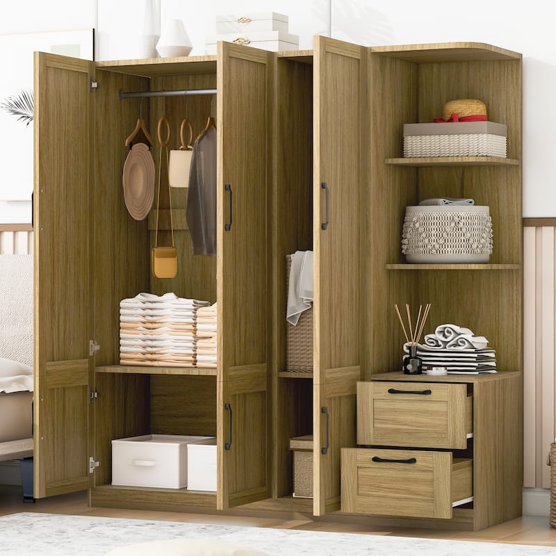 3 Doors Armoire Wardrobe Closet with 3 Side Shelves 2 Drawers, Wooden Bedroom Armoires with Hanging Rod for Bedroom