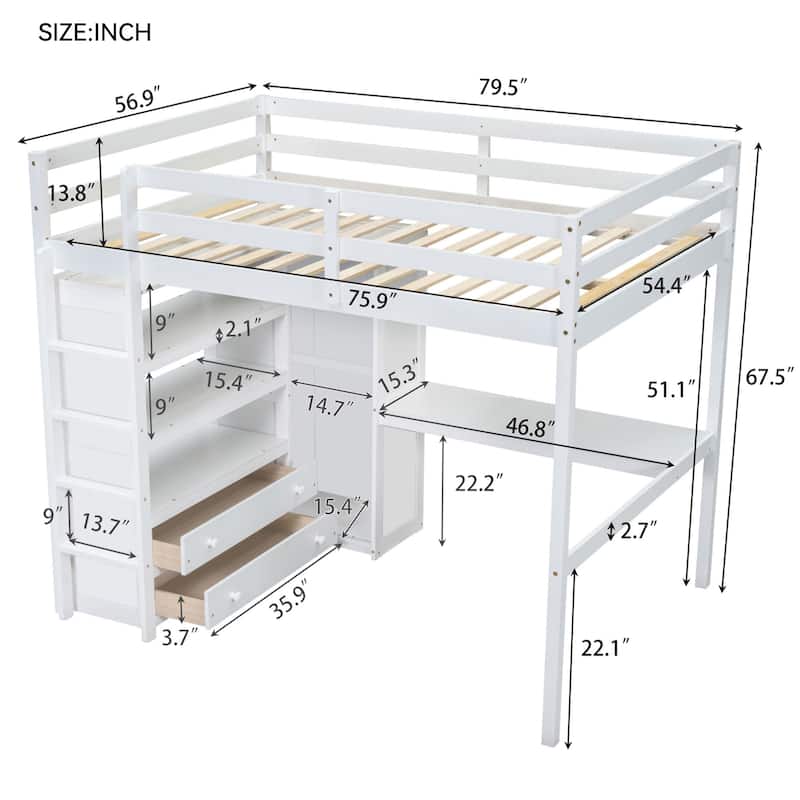 Bedroom Full Size Loft Bed with Built-in Wardrobe and Desk, Wood Bed Frame with Storage Shelves, Full-length Guardrail & Drawers
