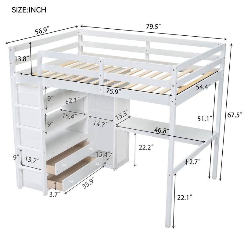 Full Size Pinewood Loft Bed with Built-in Study Desk and Wardrobe, Storage Shelves and 2 Drawers, Full-length Guardrails