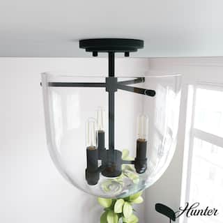 Hunter Sacha 3-Light Semi-Flush Mount Ceiling Light w/ Clear Glass - Entry, Dining Room, Kitchen Table - Modern, Low-Profile