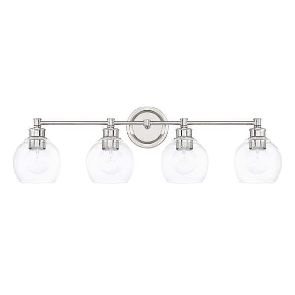 slide 6 of 6, Mid-Century 32-inch 4-light Bath/ Vanity Fixture w/ Clear Glass Polished Nickel