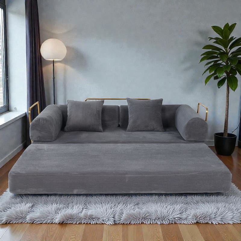 2 in 1 Foldable Sofa Bed, 75 Inch Boneless Convertible Sleeper Couch, Memory Foam Faux Fur Upholstered Floor Sofa