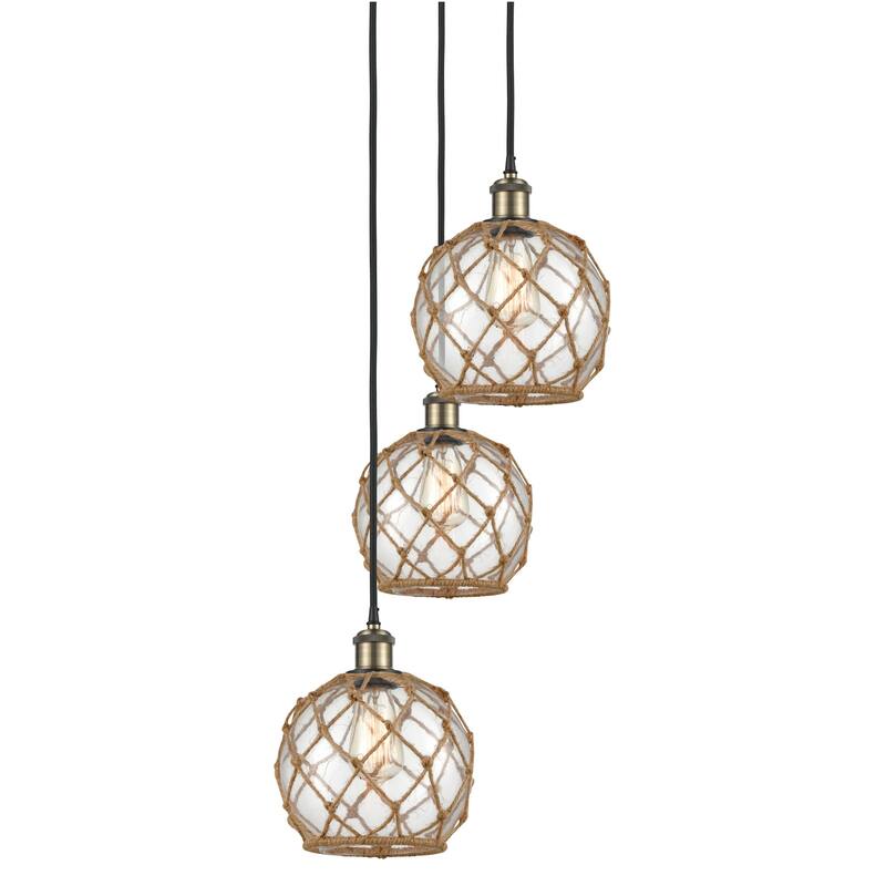 Innovations Lighting 113B-3P-31-15 Farmhouse Rope Pendant Farmhouse - Black Antique Brass / Clear Glass with Brown Rope