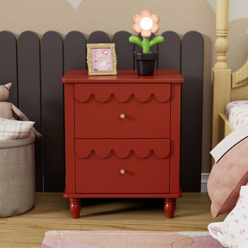 2 Drawers Nightstand Curved Design Cloud Bedside Table - 1PCS-Red