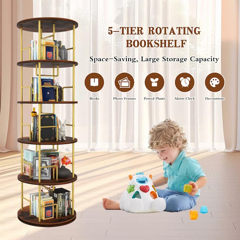 5 Tier Rotating Bookshelf (Gold) - 360° Display Round Spinning Bookshelf, Wood & Metal Stackable Spinning Bookshelf Tower.