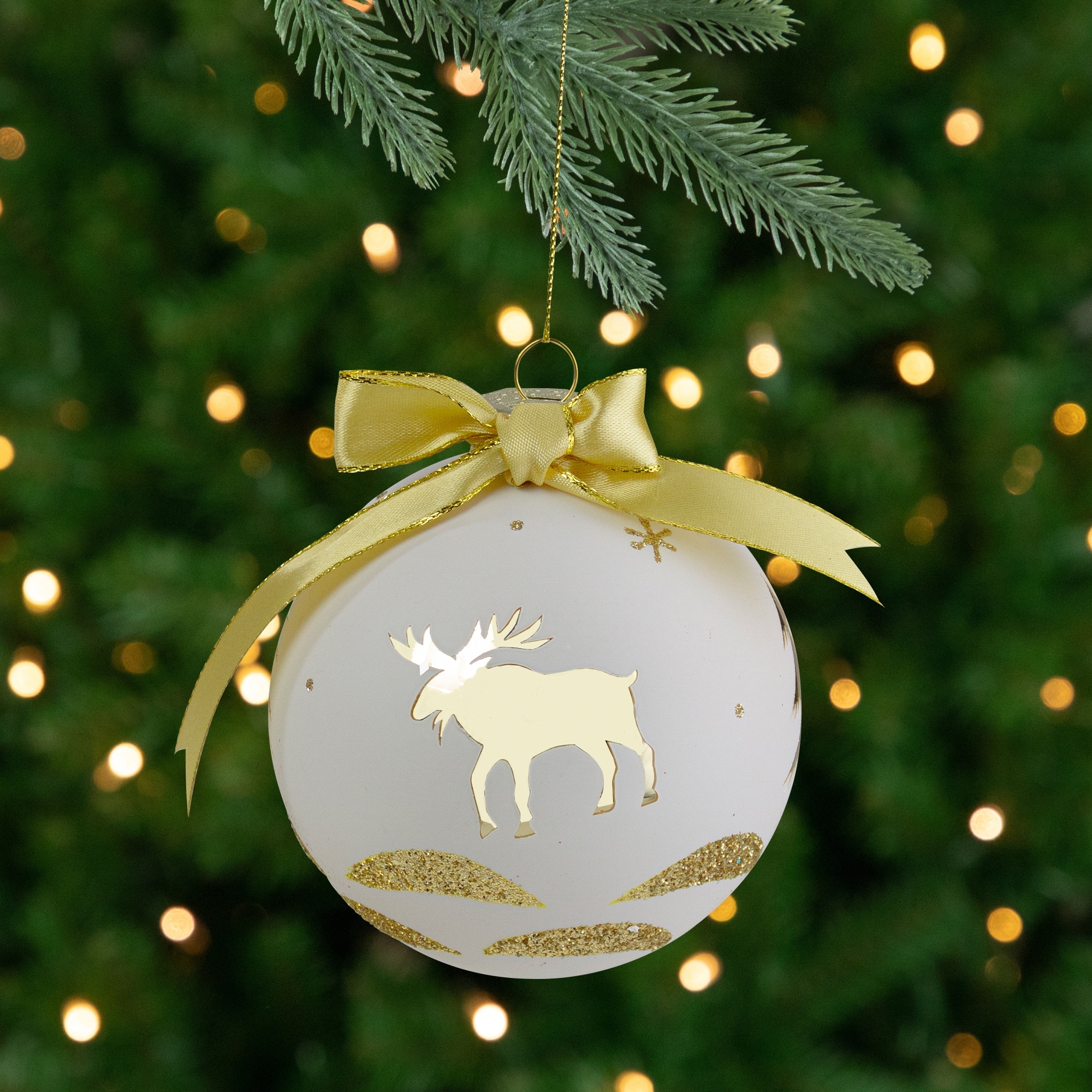 Moose Christmas Glass Ball Ornament - Gold and White - 4"