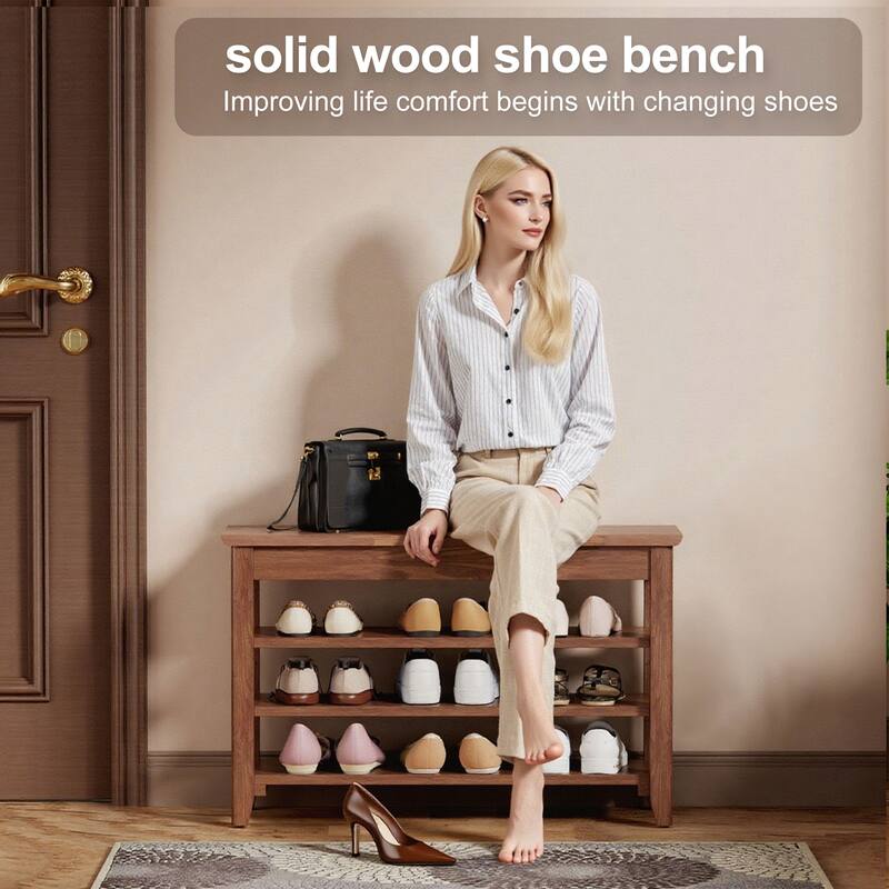 100% Solid Wood Shoe Bench, 550lb Load-Bearing Entryway Shoe Rack & Wardrobe