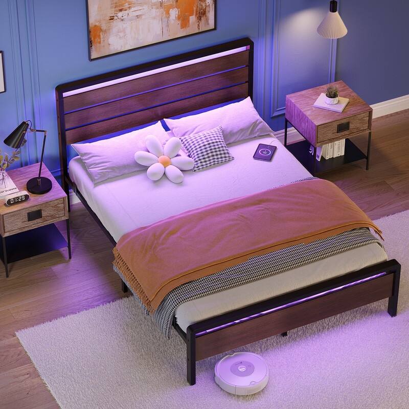 Bed Frame with LED Light and Charging Station, Metal Platform Bed with Wood Headboard