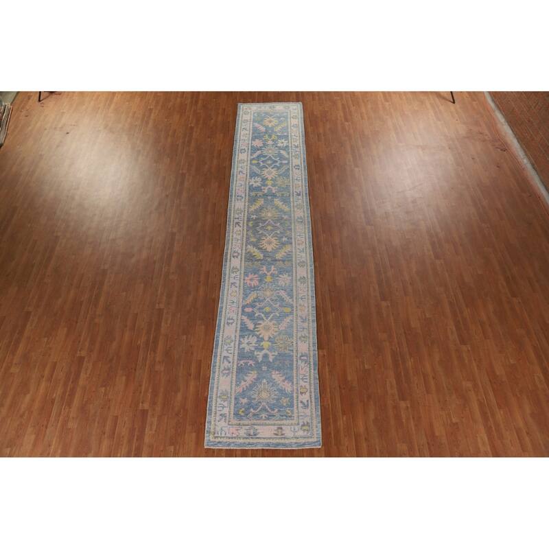 Vegetable Dye Floral Oushak Turkish Runner Rug Handmade Wool Carpet - 3'2"x 16'0"