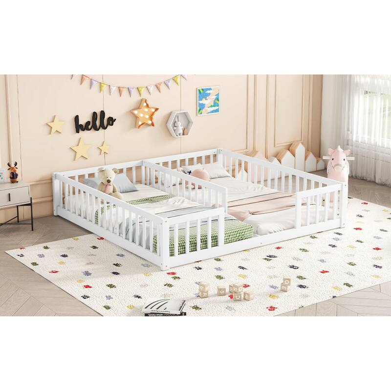 Roomfitters Double Twin Floor Bed Frame with Fence and Guardrails, Low Profile Shared Platform Bed, No Door Design