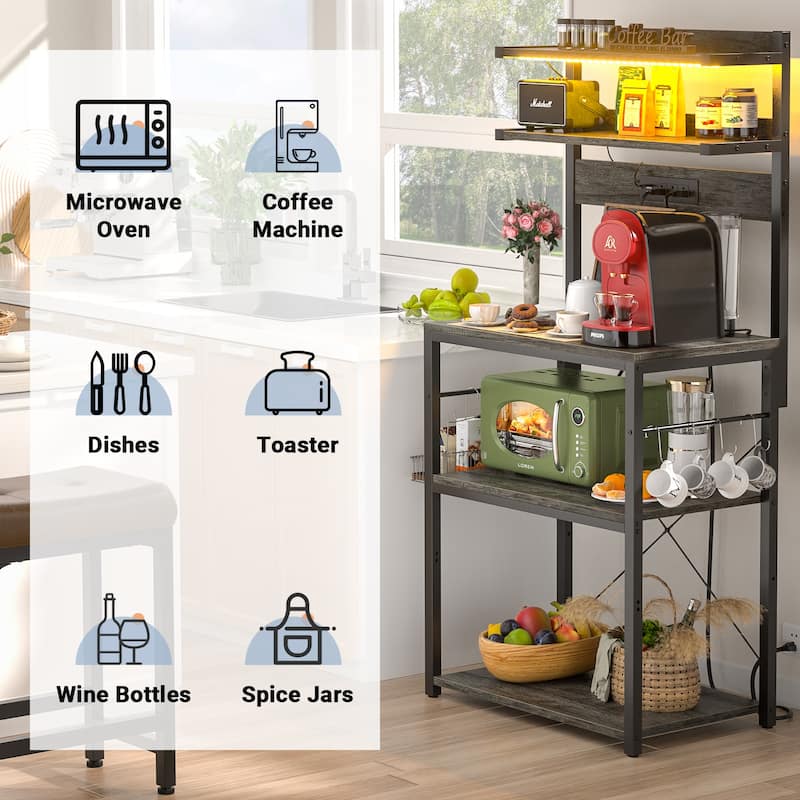 Bakers Rack Kitchen Storage Shelf with Power Outlets and RGB LED Lights,5 Tiers Coffee Bar Station,Microwave Stand