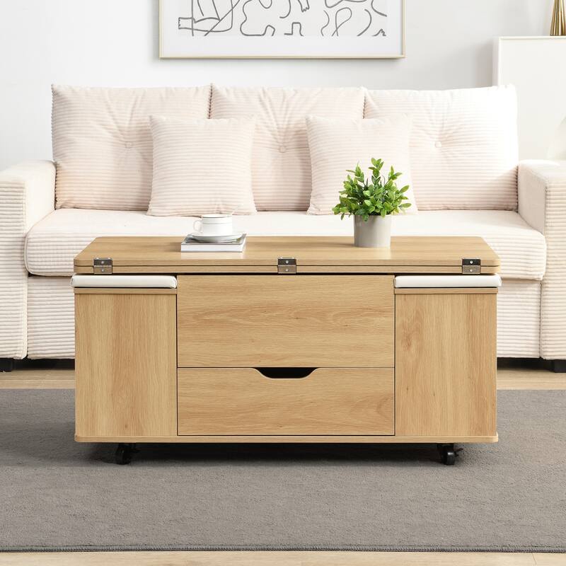 Roomfitters Multi-Functional Lift-Top Coffee Table with Hidden Storage, Modern Center Table with 4 Stool & Caster, Natural/White