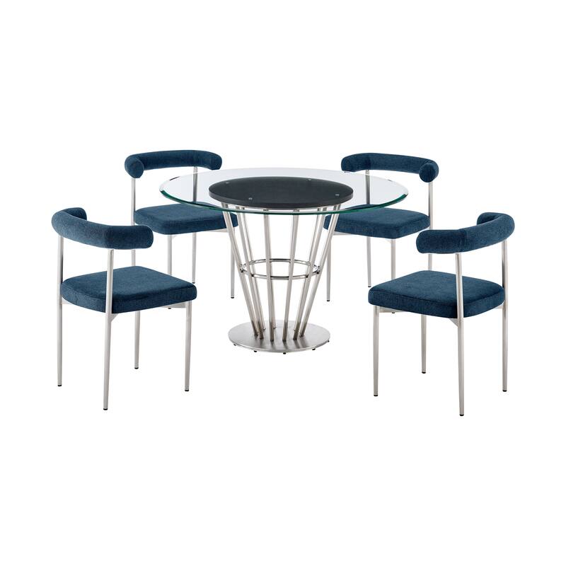 Veronica Shannon 5 Piece Round Glass Dining Table Set with Metal Frame and Upholstered Chairs