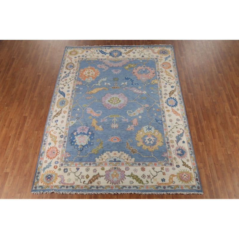 Blue Oushak Oriental Area Rug Hand-Knotted Wool Carpet - 7'9"x 10'2"