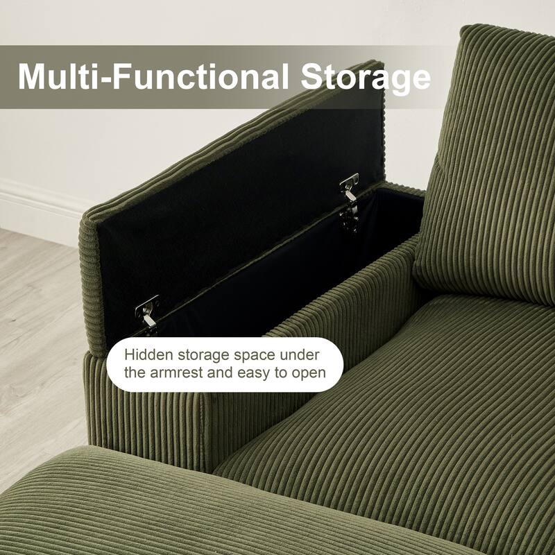 U-Shaped Sectional Sofa with 2 Movable Ottomans, Comfy Corduroy Upholstered 4 Seater Sofa, Lounge Sofa with Storage Armrests