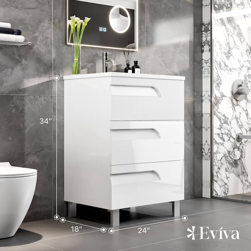 Joy 24"W WH Freestanding Bath Vanity with Porcelain Top & Integrated Sink