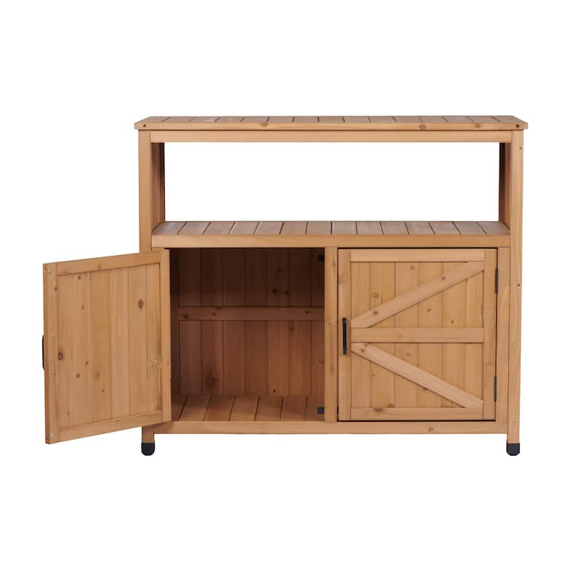 Outdoor Patio Storage Cabinet with Slatted Cedar, Wooden Patio Bar Table, Buffet Cabinet Sideboard Console Table