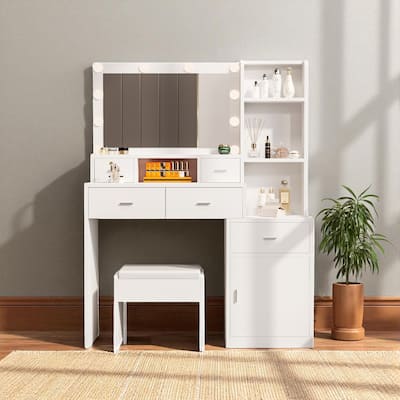 Makeup Vanity Table with LED Mirror, USB Ports, Hair Dryer Holder, Storage Shelves, 4 Drawers & Cabinet for Bedroom