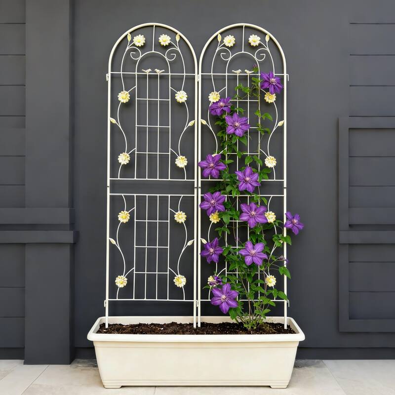 Anmytek Decorative Metal Garden Trellis Set of 2 with Arch Top Daisy Motifs Green Weather Resistant Climbing Plant Support - White