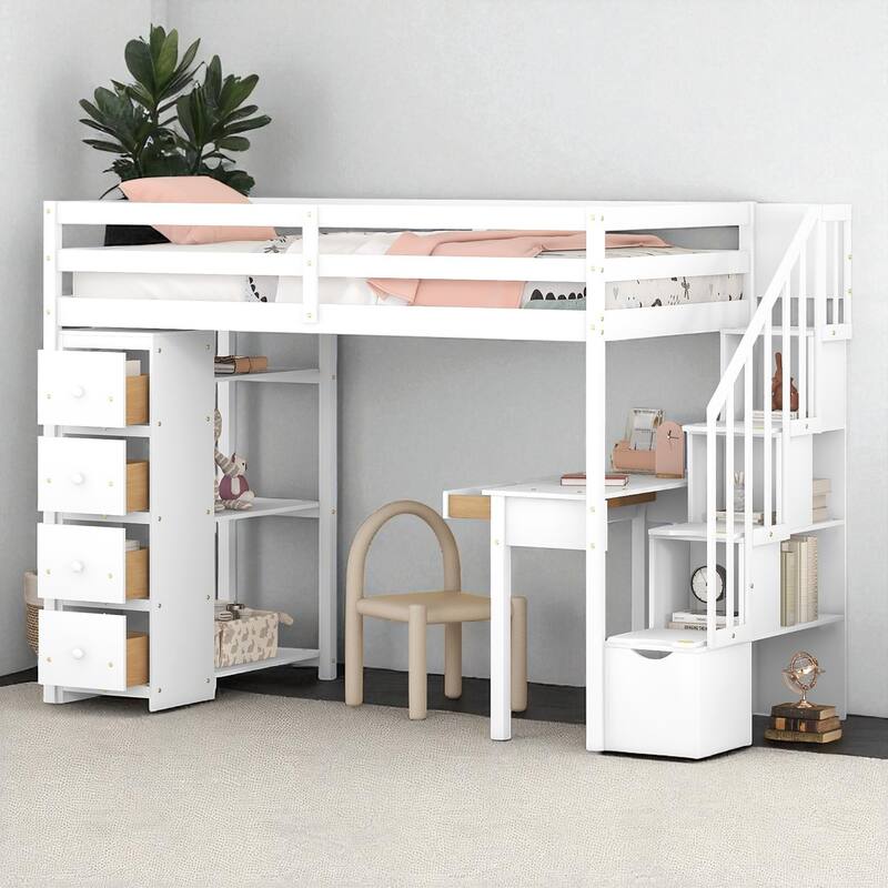 Twin Size Loft Bed with Desk, Storage Drawers, Shelves & Stairs, Wooden Frame for Kids & Teens - White - Twin