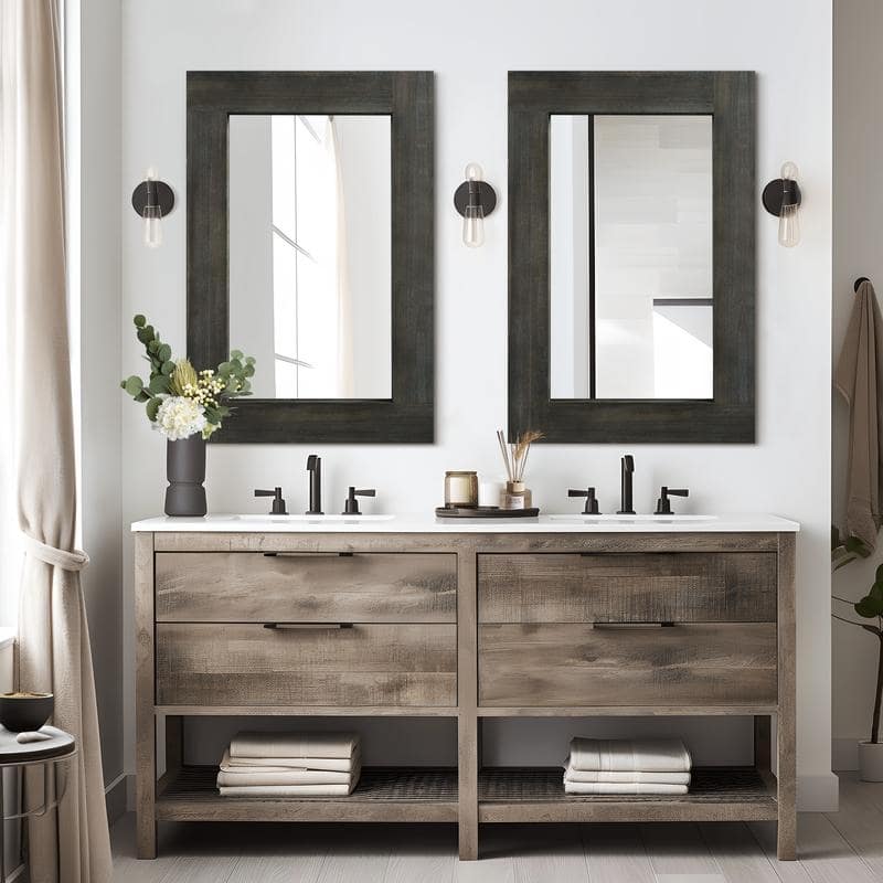 Rectangular Farmhouse Bathroom Mirror with Solid Wood Frame Rustic Wall Mounted for Bedroom Living Room Entryway Wall Decor