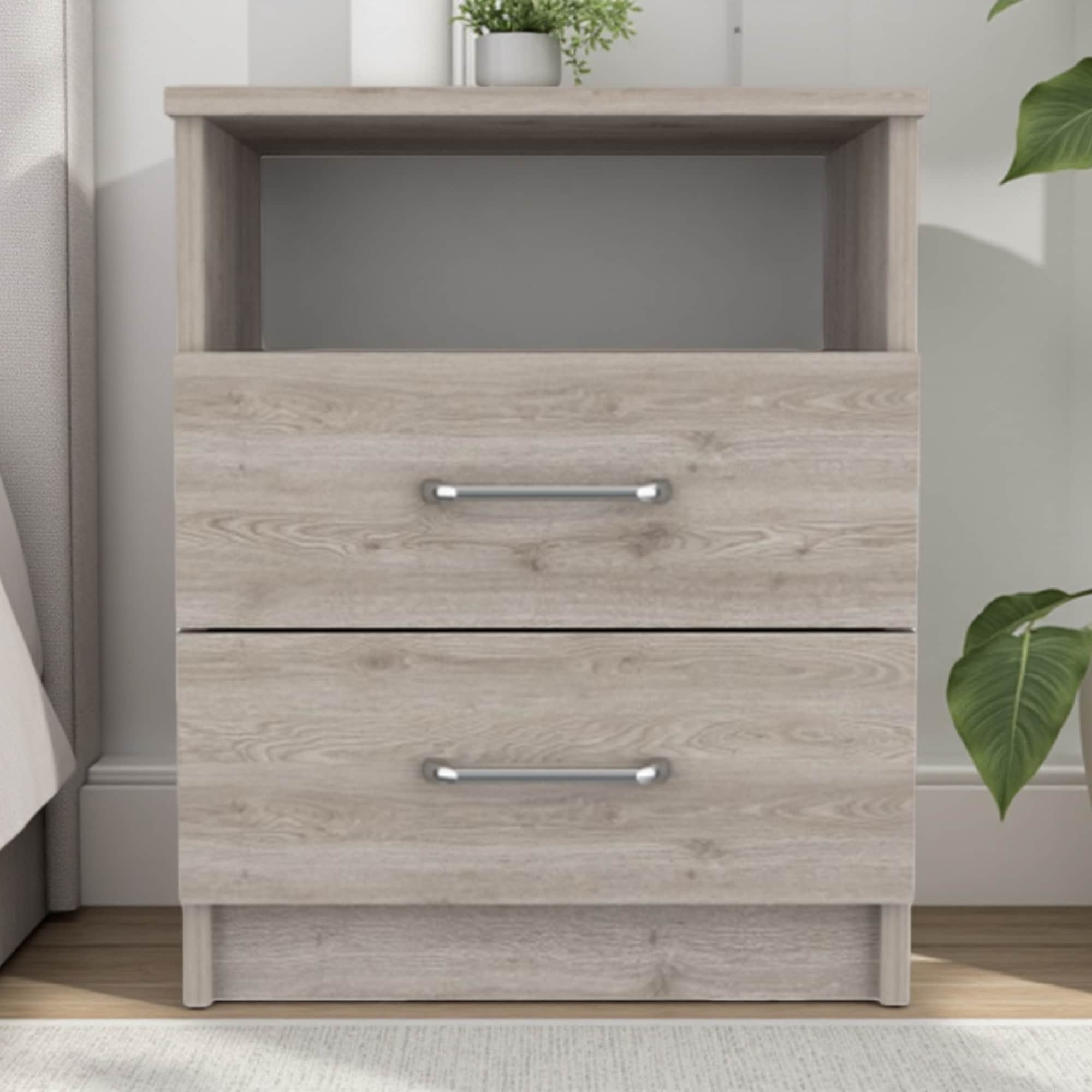16"L Engineered Wood Nightstand, 2 Drawers, 1 Open Shelf, Smooth Metal Hardware