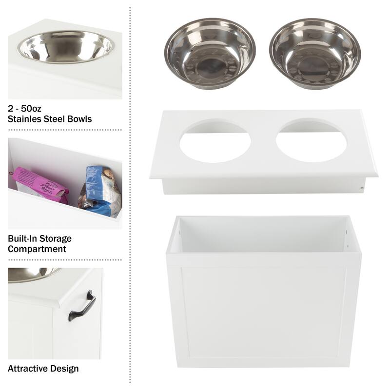 Petmaker White Elevated Dog Food and Water Bowls with Storage Space