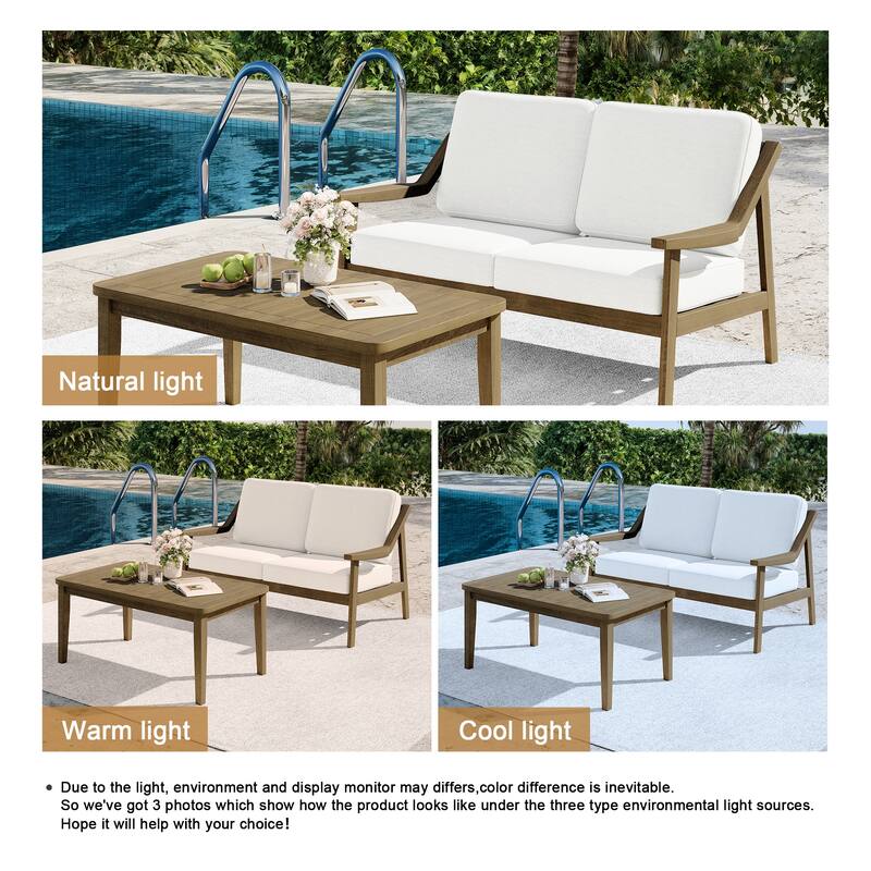 2-piece Brown/ Black Teak Cushioned Patio Loveseat Set with Coffee Table