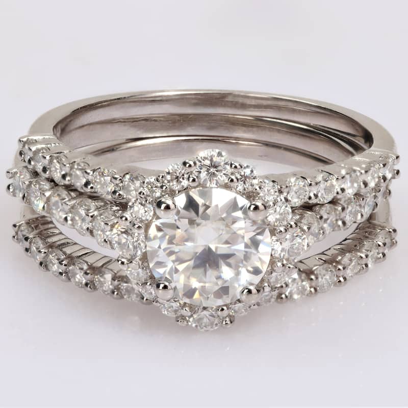 Miadora 2ct DEW Moissanite Halo Bridal Ring Set in Sterling Silver