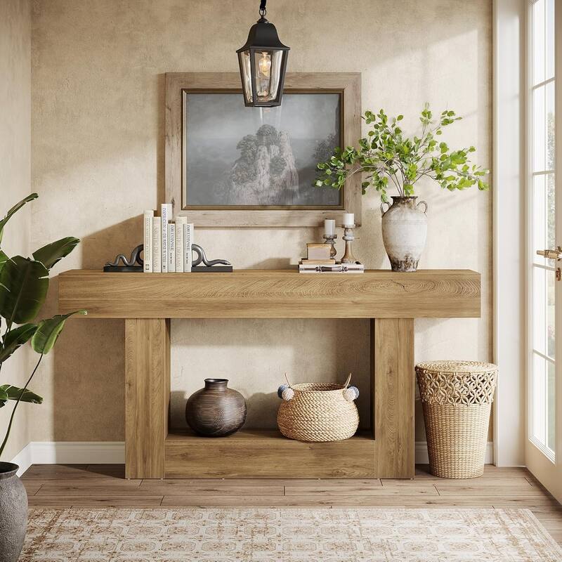 63 Inches Brown/ Gray Wood Entryway Table, Farmhouse Console Table for Entryway