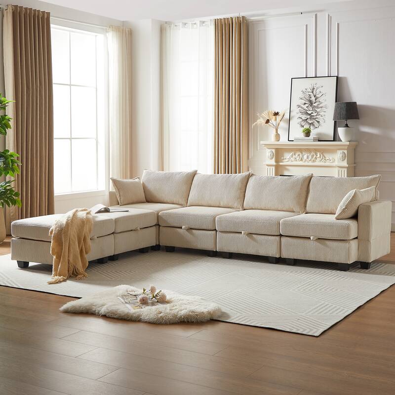 Beige 6-Piece Convertible Corduroy Modular Sectional Sofa with Storage & Ottomans
