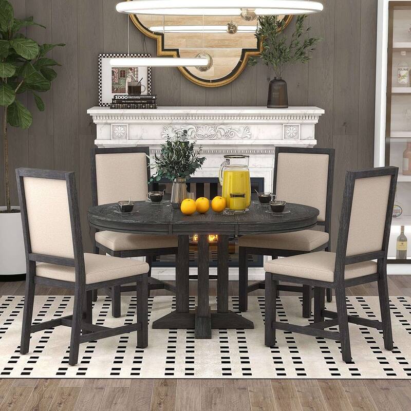 5 PCS Dining Set for 4 - Extendable Round Table with 4 Upholstered Chairs