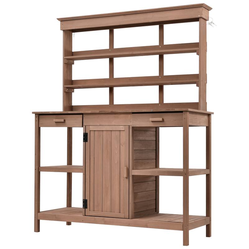 Large Outdoor Farmhouse Wooden Potting Bench Table, Garden Workstation with 2 Drawers, Cabinet and Open Shelves for Backyard