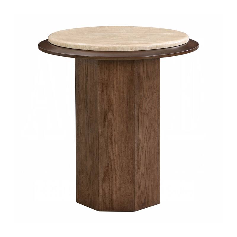 Wood and Travertine Stone End Table in Walnut - Walnut - Wood