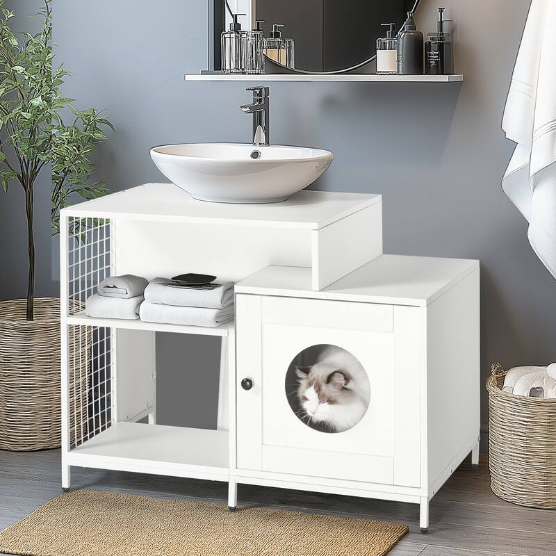 Cat Litter Box Enclosure for Bathroom, Hidden Litter Pet Washroom with Divider, Indoor Cat House for Large Cats, White