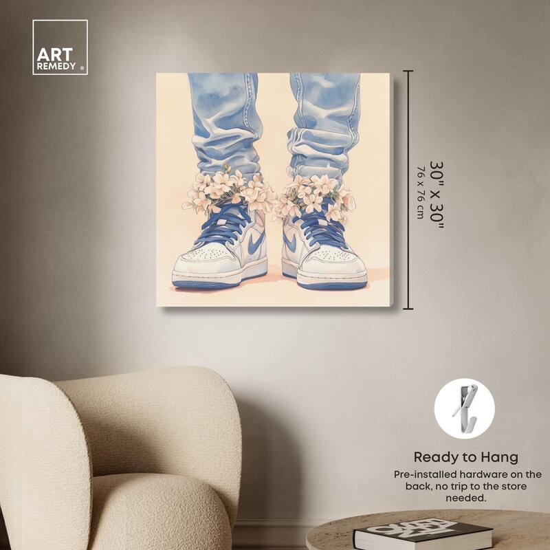 Gentle Blue Sneakers and Flowers Canvas by Art Remedy, Gallery Wrapped