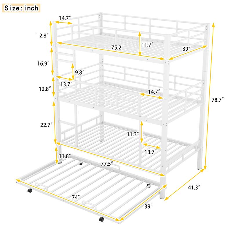 White Triple Bunk Bed with Trundle, Twin Size, Space-Saving Design