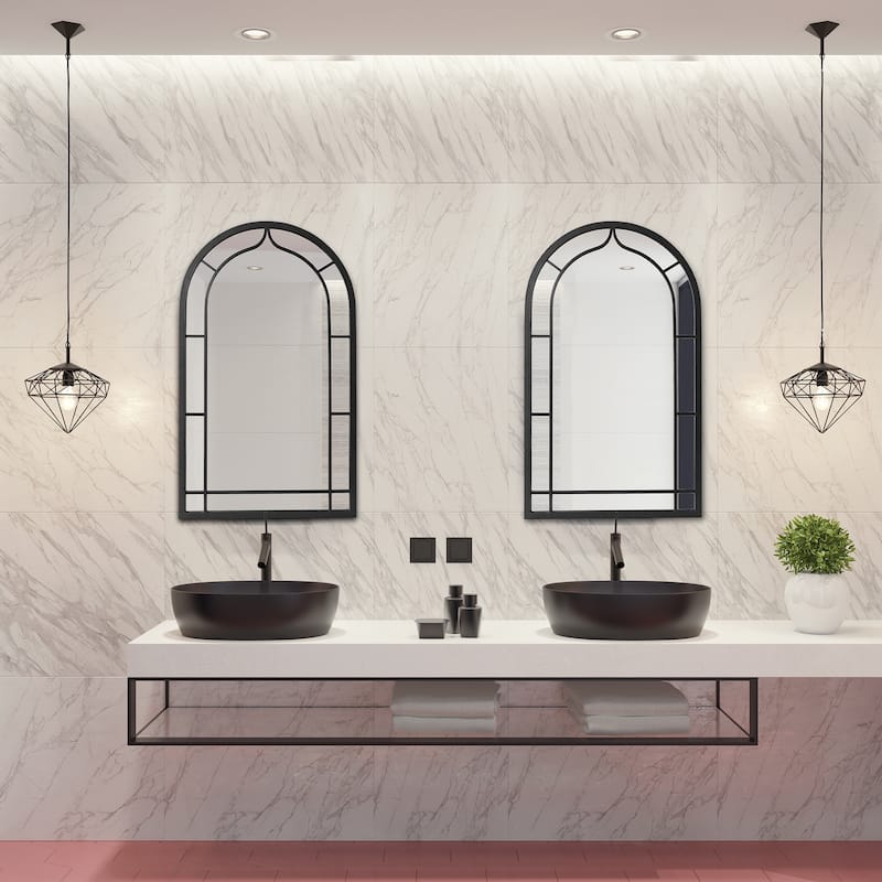 Glitzhome Set of 2 Oversized Black Metal/Glass Arched Wall Mirrors Home Decor - 20"L x 33"H