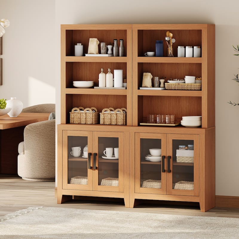 WAMPAT 3 Tier Bookshelf with Glass Door, 74" Tall Bookcase with Adjustable Shelf and Storage Cabinet, Farmhouse Wooden Bookshelf