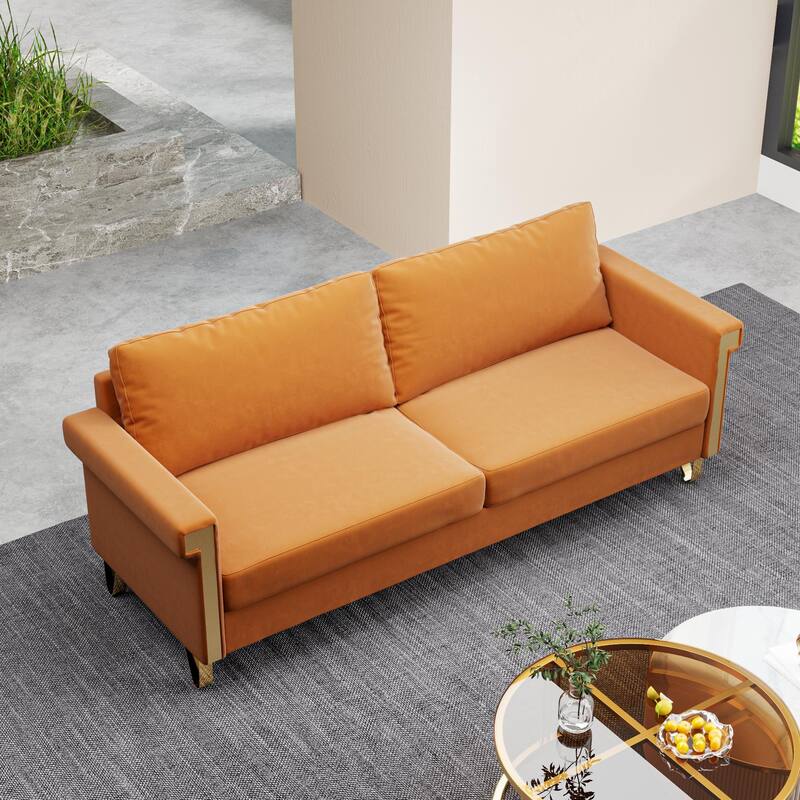 2-Seat Velvet Sofa with Flared Arms and Gold Metal Accents, Mid-Century Modern for Living Room