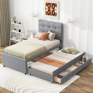 Twin Upholstered Platform Bed with Trundle and Three Storage Drawers
