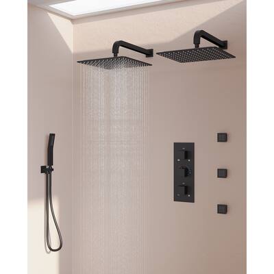 GRANDJOY Thermostatic Shower System 12 inch Wall Mounted Dual Shower Head with Handheld Shower Spray and Body Jets Combo