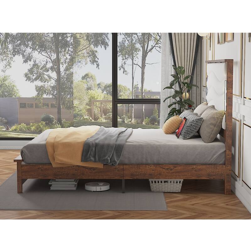 Queen Size Bed Frame with Upholstered Headboard, Charging Station, LED Lights, Wood Slats, No Box Spring Needed, Easy Assembly