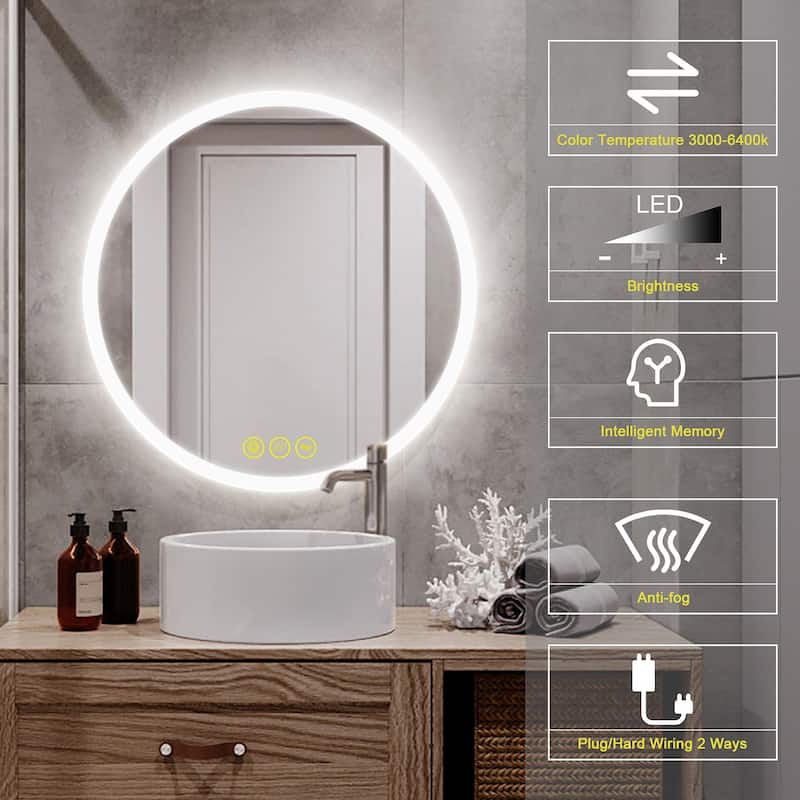 SmartReflect Modern 24" Round LED Dimmable Anti-Fog Frameless Bathroom Vanity Mirror - Clear