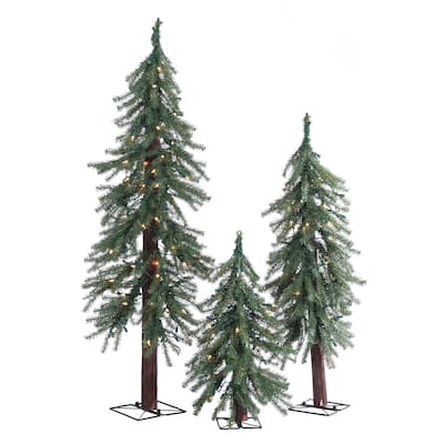 Elegant 3 Piece Pre Lit Alpine Tree Set with Warm White LED Lights